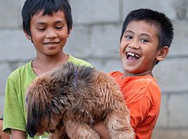 Two boys holding a dog in their arms.