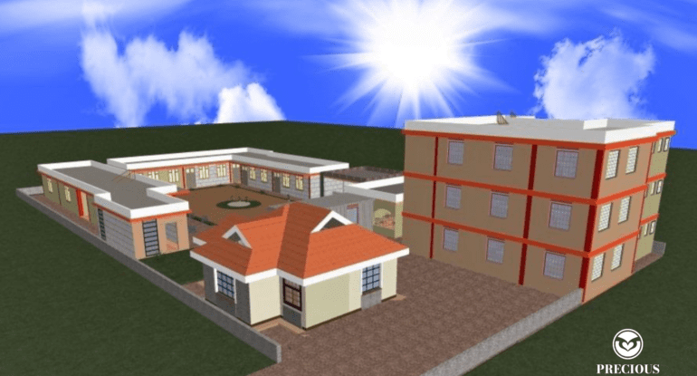 Architectural rendering of a community building.